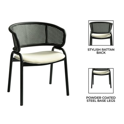 Modern Black Metal and Cane Arm Chair with Beige Upholstered Seat