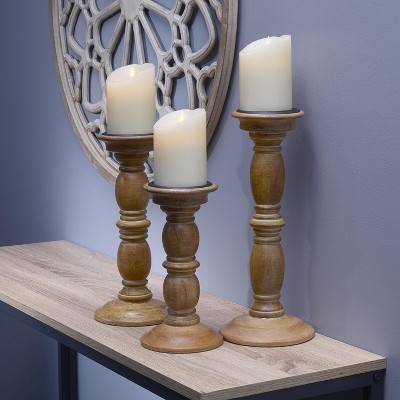 Natural Mango Wood Tabletop Candlestick Set, 3-Piece