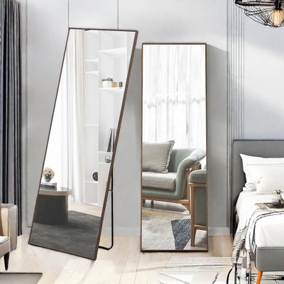 Glasflength Full Length Mirrors Floor Standing Wall Mirror, Bedroom Foyer Clothing Store Wall Mounted Mirror, Wooden Frame Square Brown 19"*63"