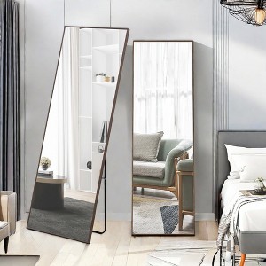 Glasflength Full Length Mirrors Floor Standing Wall Mirror, Bedroom Foyer Clothing Store Wall Mounted Mirror, Wooden Frame Square Brown 19"*63" - 1 of 4