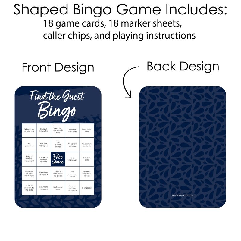 Big Dot of Happiness Navy Blue Elegantly Simple - Find the Guest Bingo Cards and Markers - Wedding & Bridal Shower Bingo Game  Set of 18, 3 of 6