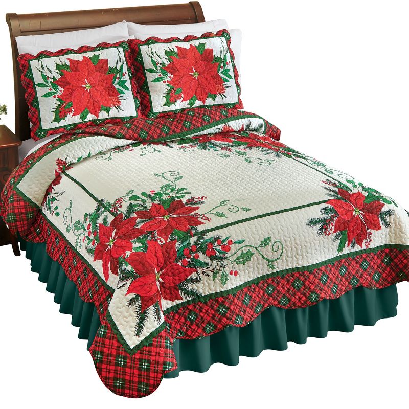 Collections Etc Poinsettia Plaid Border Scalloped Edge Quilt Twin Multi, 1 of 4