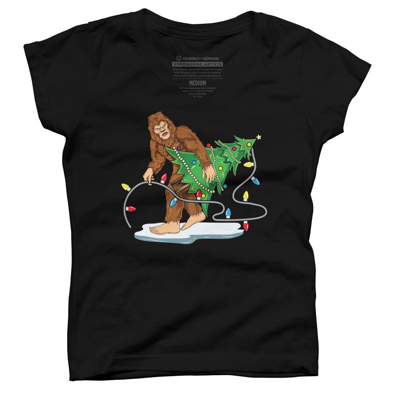 Girl's Design By Humans Bigfoot Christmas Tree Sasquatch Santa Christmas Gift By amitsurti T-Shirt, 1 of 4