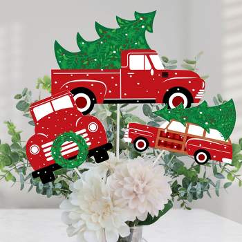 Big Dot of Happiness Merry Little Christmas Tree - Red Truck and Car Christmas Party Centerpiece Sticks - Table Toppers - Set of 15