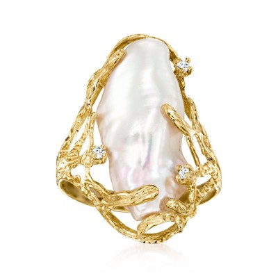 Ross-Simons 10x24mm Cultured Baroque Pearl Ring With Diamond Accents in 14kt Yellow Gold
