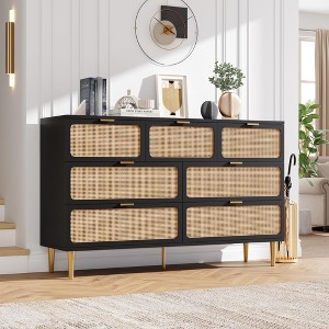Rattan 7 Drawer Dressers for Bedroom, Tall Dresser with Deep Drawers, Large Chest of Drawers for Closet with Wide Top, Long Wooden Dresser - 1 of 4