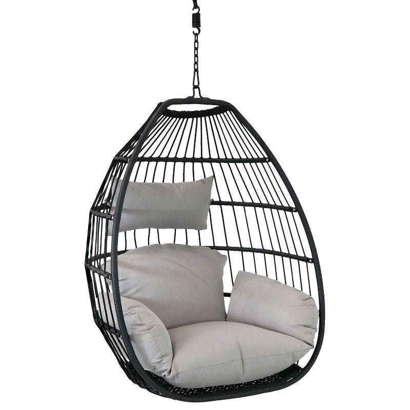 Sunnydaze Outdoor Resin Wicker Delaney Hanging Basket Egg Chair Swing with Cushions and Headrest - Gray - 2pc, 1 of 11