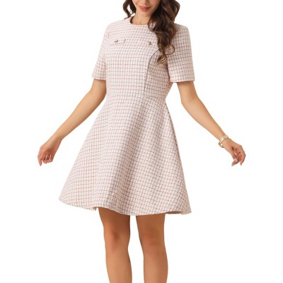 INSPIRE CHIC Women's Short Sleeve Plaid Tweed Zipper Button Casual Mini Dress