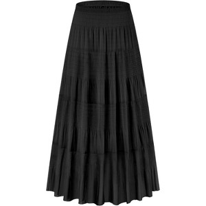 Women's Chiffon Boho Maxi Skirt - High Waist Tiered Pleated Floral A-Line Long Skirt Black - 1 of 4