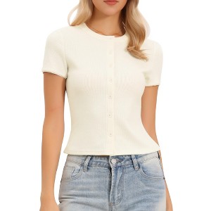 INSPIRE CHIC Women's Short Sleeve Casual Crew Neck Button Down Softy Comfy Knitted Tops - 1 of 4