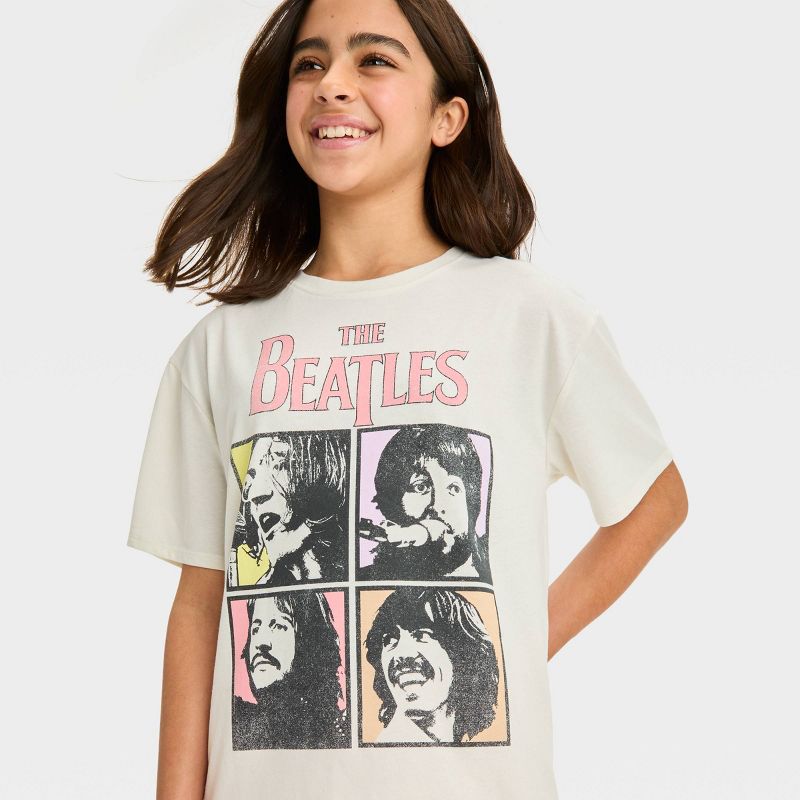 Girls' Short Sleeve Oversized The Beatles Graphic T-Shirt - art class™ Off-White, 3 of 5