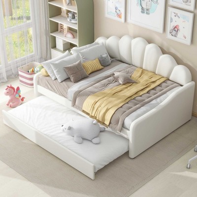 NicBex Full Size Upholstery Daybed Frame with Shall Shaped Backrest and Trundle for Bedroom,Living Room,Apartment