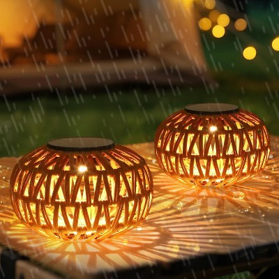 Gulches 2-Pack Brown Rustic 1-Light Smart Solar Tabletop Lantern for Outdoor with Waterproof Plastic Rattan Oval Shade