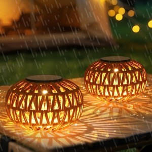 Gulches 2-Pack Brown Rustic 1-Light Smart Solar Tabletop Lantern for Outdoor with Waterproof Plastic Rattan Oval Shade - 1 of 4