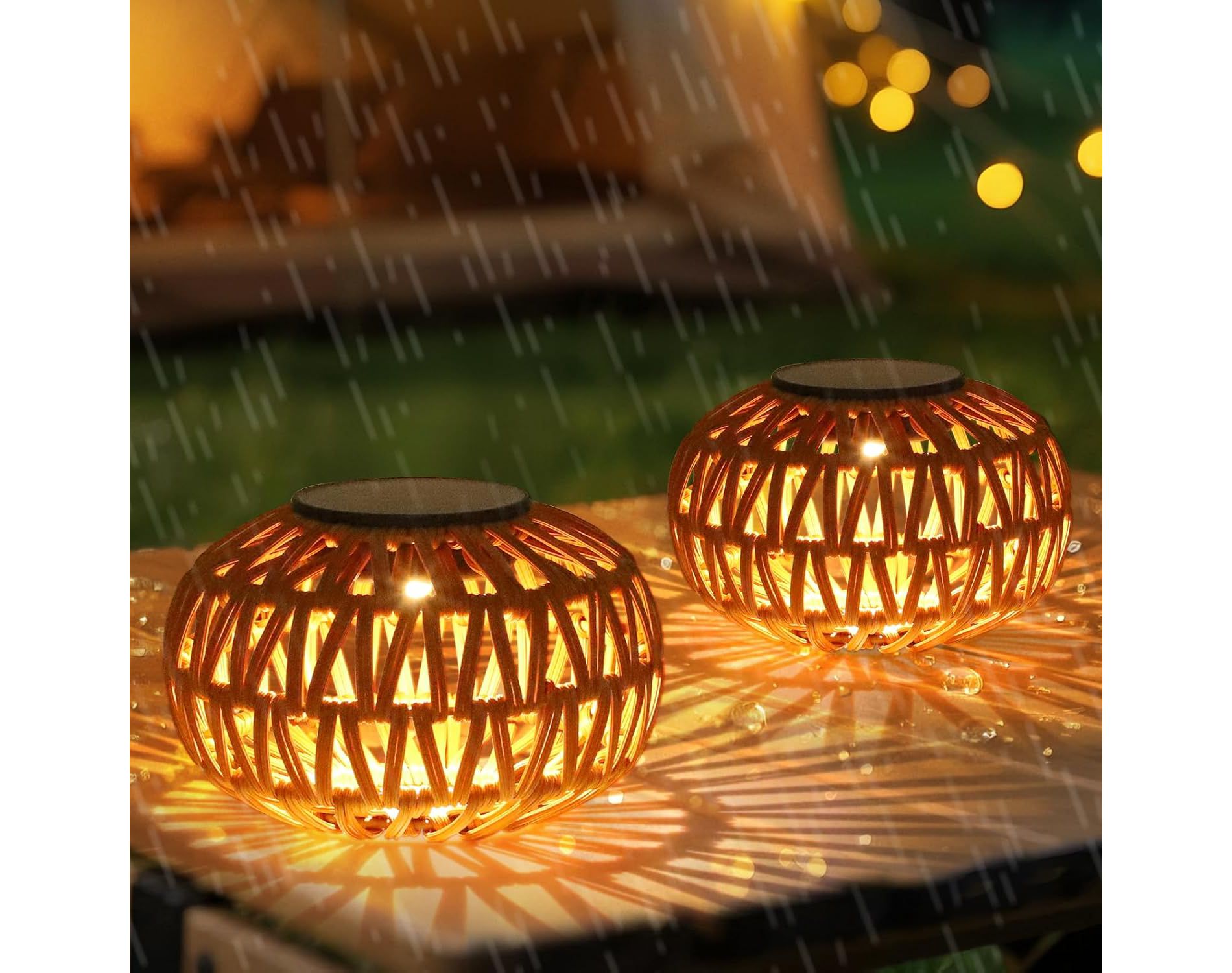 Gulches 2-Pack Brown Rustic 1-Light Smart Solar Tabletop Lantern for Outdoor with Waterproof Plastic Rattan Oval Shade