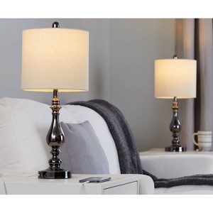 LumiSource (Set of 2) Montgomery 23" Contemporary Table Lamps Gun Metal and White Linen with Built-In USB Port - 1 of 4