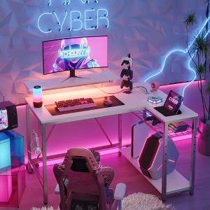 Bestier 42'' L-Shaped Gaming Desk: Power Outlets, LED Light, Reversible Shelves, Headset Hooks & USB Charging - Carbon Fiber White - 1 of 4