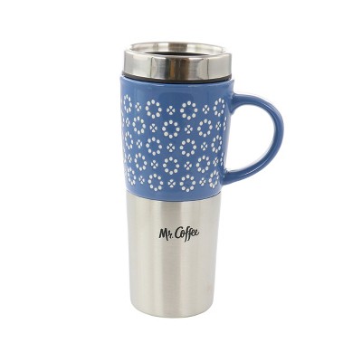 Mr. Coffee Coupleton Dot 4 Piece 15 Ounce Stoneware and Stainless Steel Travel Mug Set with Lid in Blue