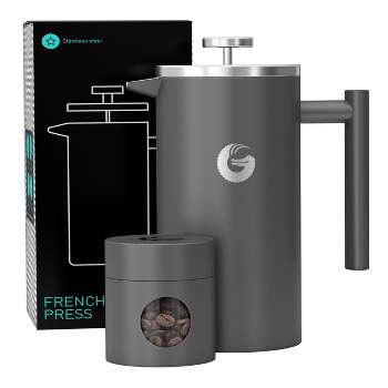Coffee Gator Large French Press Coffee Maker - Vacuum Insulated Stainless Steel (Gray