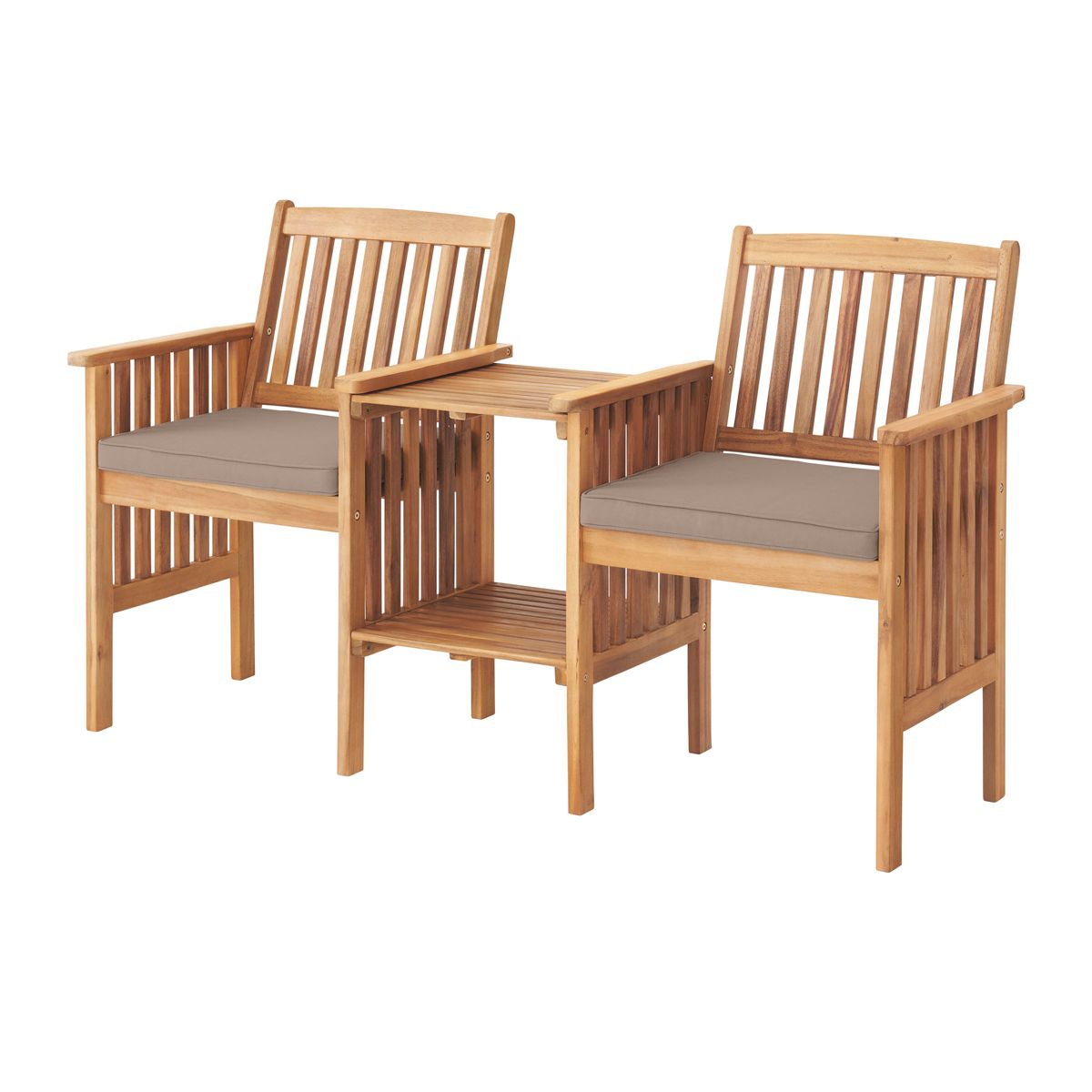 Bristol Acacia Wood Outdoor Double Seat Bench, Attached Table, Weather-Proof, Natural Finish, Porch