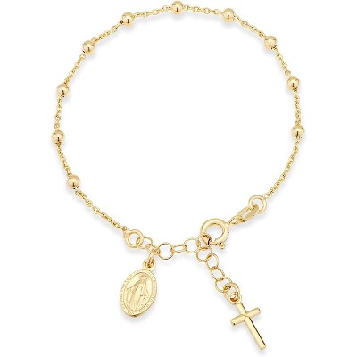 14K Gold Over Sterling Silver Italian Rosary Cross Bead Charm Link Chain Bracelet for Women, Adjustable, 925 Made in Italy