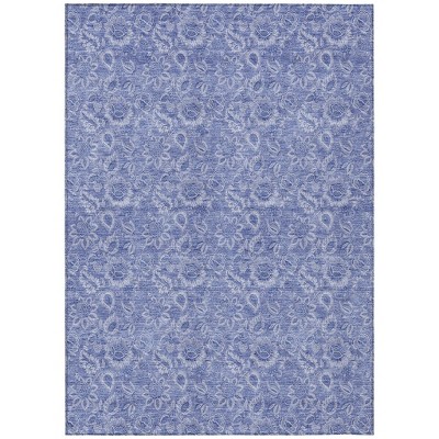 Denim Blue And Navy Blue Floral Washable Indoor Outdoor Area Rug