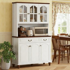 ORRD 6-Door Kitchen Buffet with Glass Doors & 2 Drawers | Vintage Storage Cabinet with Adjustable Shelves & Anti-Tip Strap，White - 1 of 4