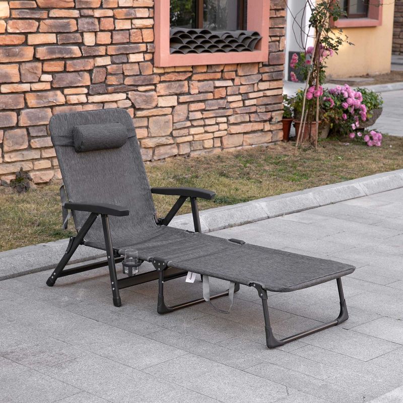 Outsunny Outdoor Folding Chaise Lounge Chair, Mesh Fabric Pool Chair with Adjustable Backrest, Pillow and Cup Holder for Poolside, Deck, Gray, 3 of 7