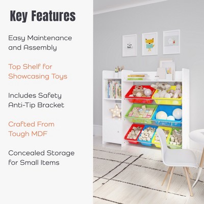 White Kids Toy Storage Organizer with Bookshelf and Colorful Bins