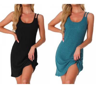 INSPIRE CHIC Women's 2 Pcs Sleeveless Crew Neck Ribbed Knit Nightgown Double Strap Chemise