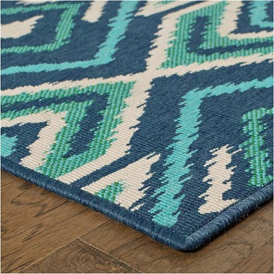 Navy and Green Geometric Synthetic Runner Rug 2.3x7.6