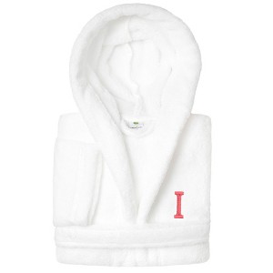 Personalized Linum Kids 100% Polyester SUPER PLUSH Double Brushed Hooded Bathrobe in Pink Bookman Font - 1 of 3