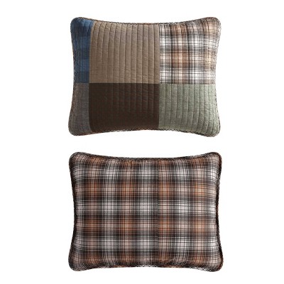 King Size Brown and Green Cotton Reversible Patchwork Quilt Set