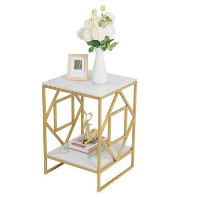2-Tier Coffee Table White Sintered Stone Top Side Table with Open Storage