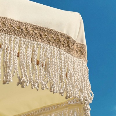 Beige 7' Boho Patio Umbrella with Cotton Fringe and Wooden Pole