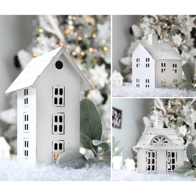 White Galvanized Steel Christmas Village Candle Lantern Set