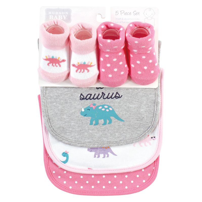 Hudson Baby Infant Girl Cotton Bib and Sock Set, Cute-A-Saurus, One Size, 2 of 6