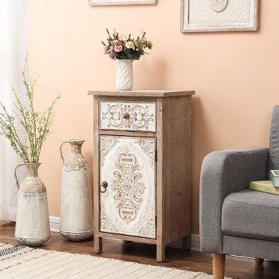 Rustic Floral Carved Wood and Metal End Table with Storage
