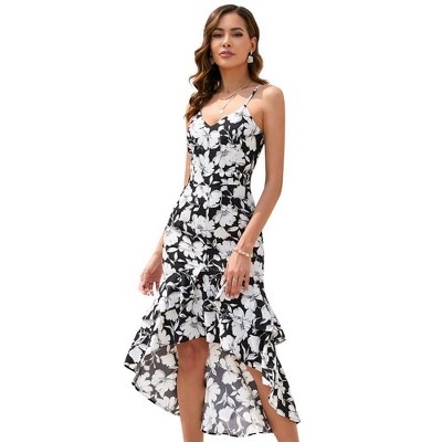 Spaghetti Strap Dress for Women V Neck Sleeveless Asymmetrical Hem Maxi Dresses Boho Floral Printed Beach Long Dress