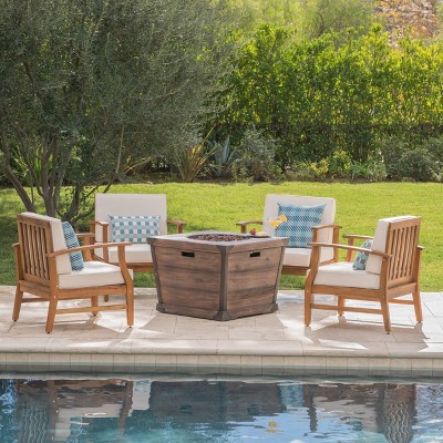 Mark 5pc Acacia Wood Club Chairs & Fire Pit - Teak/Cream/Brown - Christopher Knight Home