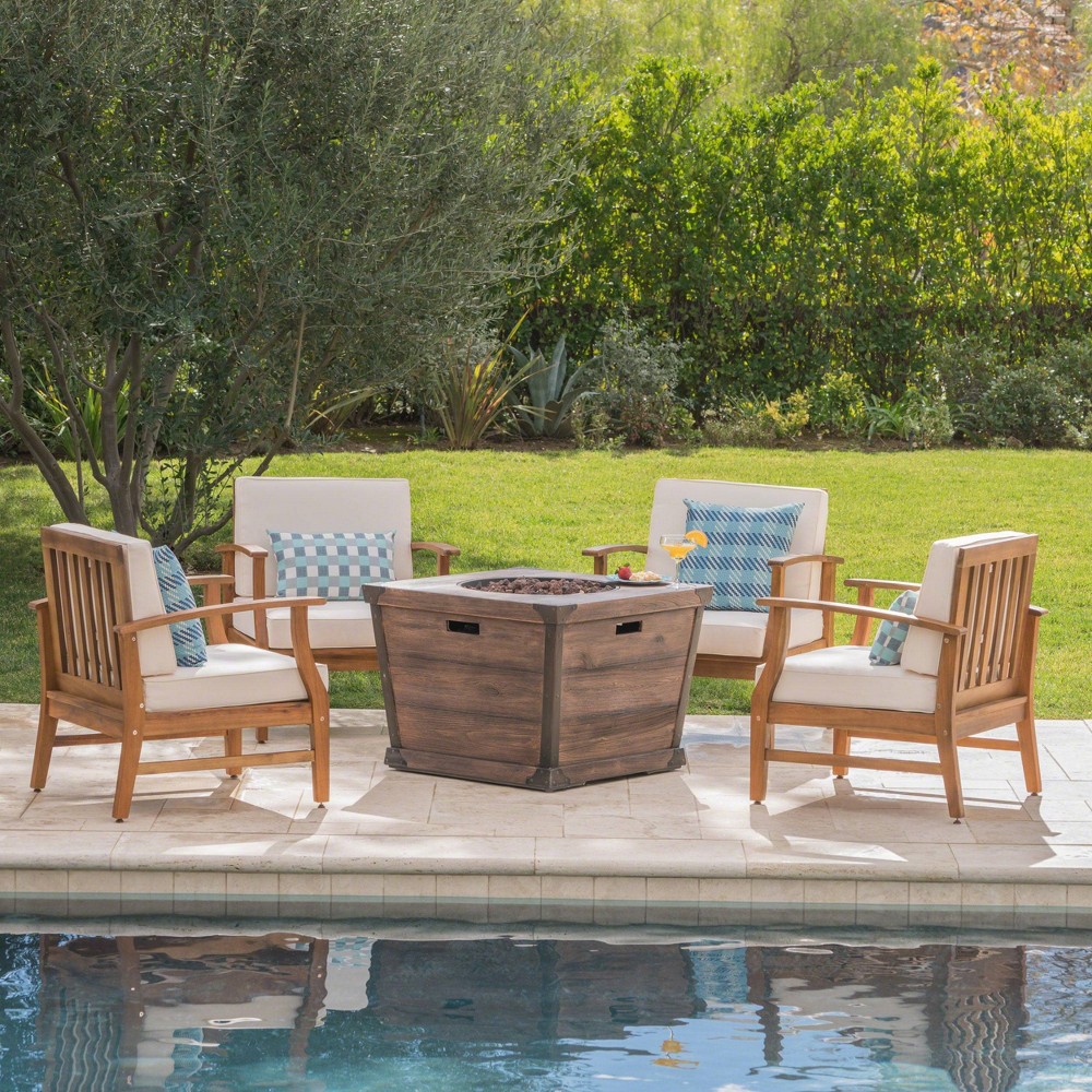 Photos - Garden Furniture Mark 5pc Acacia Wood Club Chairs & Fire Pit - Teak/Cream/Brown - Christoph