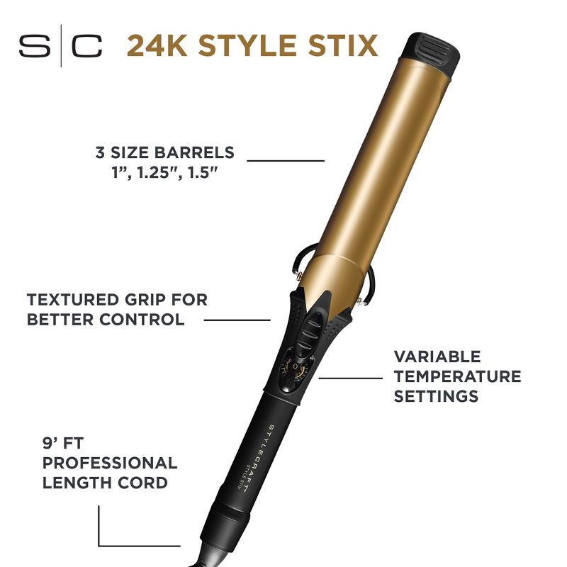 StyleCraft Style Stix 24K Gold Barrel Long Spring Hair Curling Iron 1.5" Inch, 3 of 9