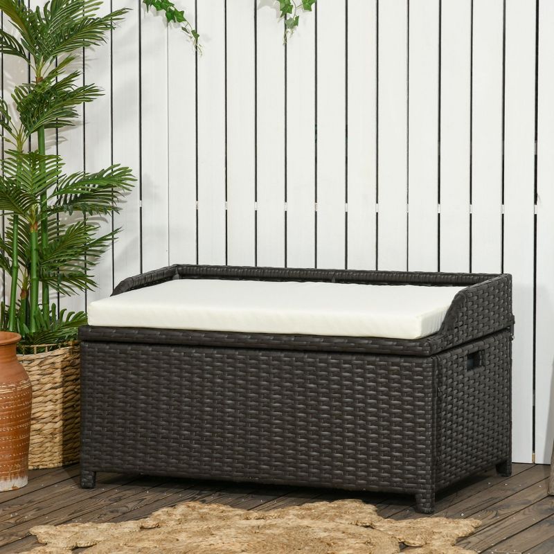 Outsunny Storage Bench Rattan Wicker Garden Deck Box Bin with Interior Waterproof Bag and Comfy Cushion, Cream White, 4 of 8