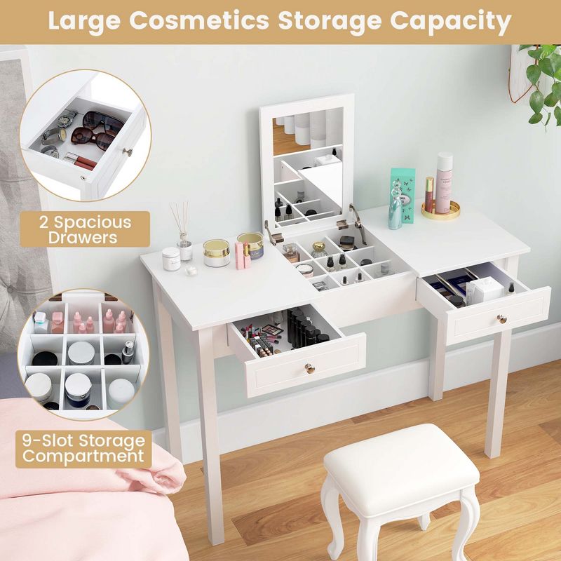 Costway 2-In-1 Vanity Table with Flip-Top Mirror 2 Drawers 9-Slot Storage Compartment White, 4 of 11