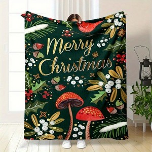 Lomsoe Vintage Floral Mushroom Christmas Print Flannel Blanket - All Seasons Soft Cozy Warm Throw Blanket for Bed, Napping, Camping, Travel, Office - 1 of 4