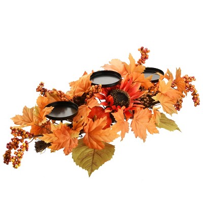 National Tree Company Artificial Fall Centerpiece Three Candle Holders, Decorated with Sunflower Blooms, Pinecones, Berry Clusters, Maple Leaves 24 in