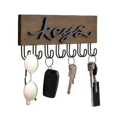 LunaLulinlk Multi Use 7 Wall Key Holder Hooks, Paulownia Wood Board Metal