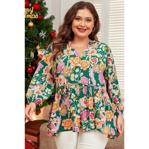 Green Floral Tied V Neck Long Sleeve Plus Size Babydoll Top - 1 of 1