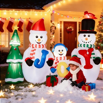 Angel Sar 8FT Inflatable Snowman Family, LED Lighted Christmas Decoration with JOY Sign and Xmas Tree, Outdoor Yard Blow Up Decor