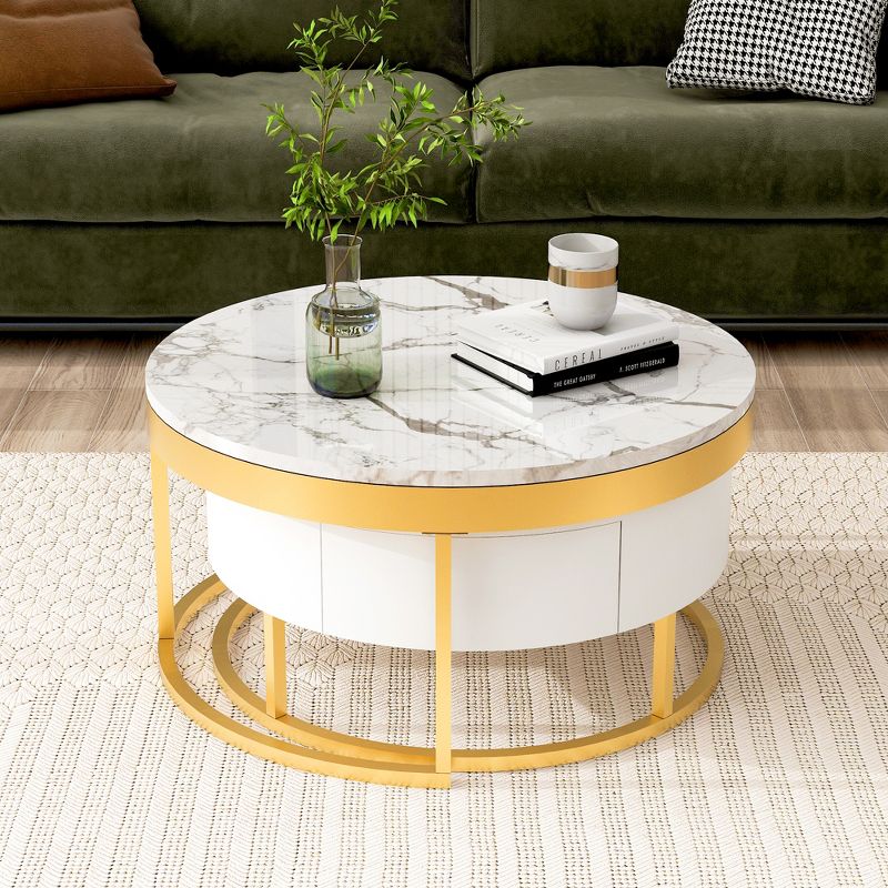 Modern Round Nesting Coffee Table, Cocktail Table with 2 Drawers, Golden+White-ModernLuxe, 2 of 16